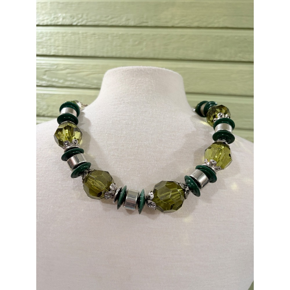 Chunky Green Beaded Statement Necklace Silver Tone Link Chain Adjustable